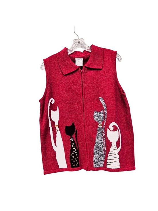 Allison Daley Sweaters - Allison Daley Vintage 90s Red Cat Knit Sweater Vest Zip M/L